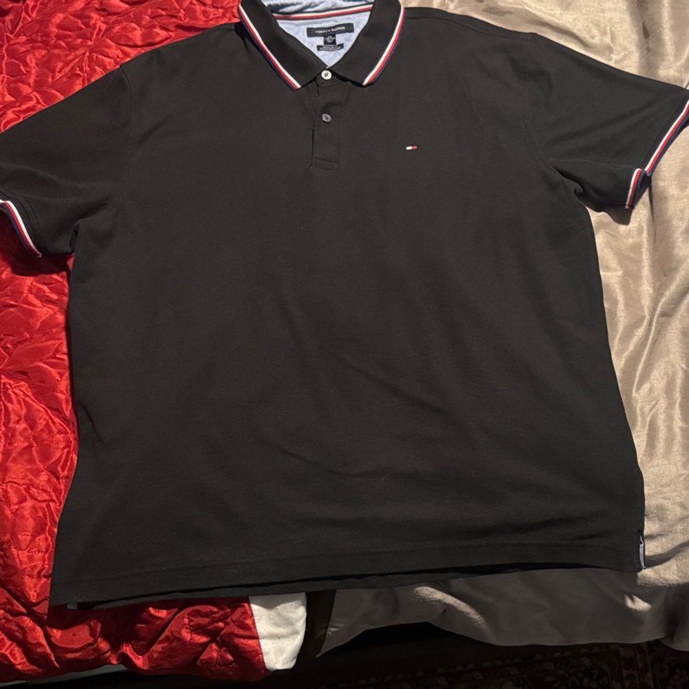 Tommy Hilfiger Men's Polo Shirt in Black with Red and White Accents